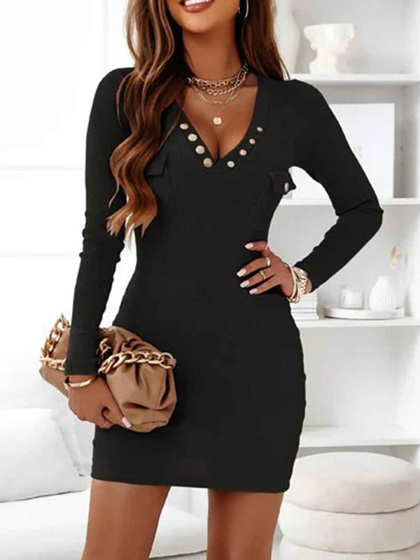 V-Neck Ribbed Dress with Long Sleeves for Effortless Style