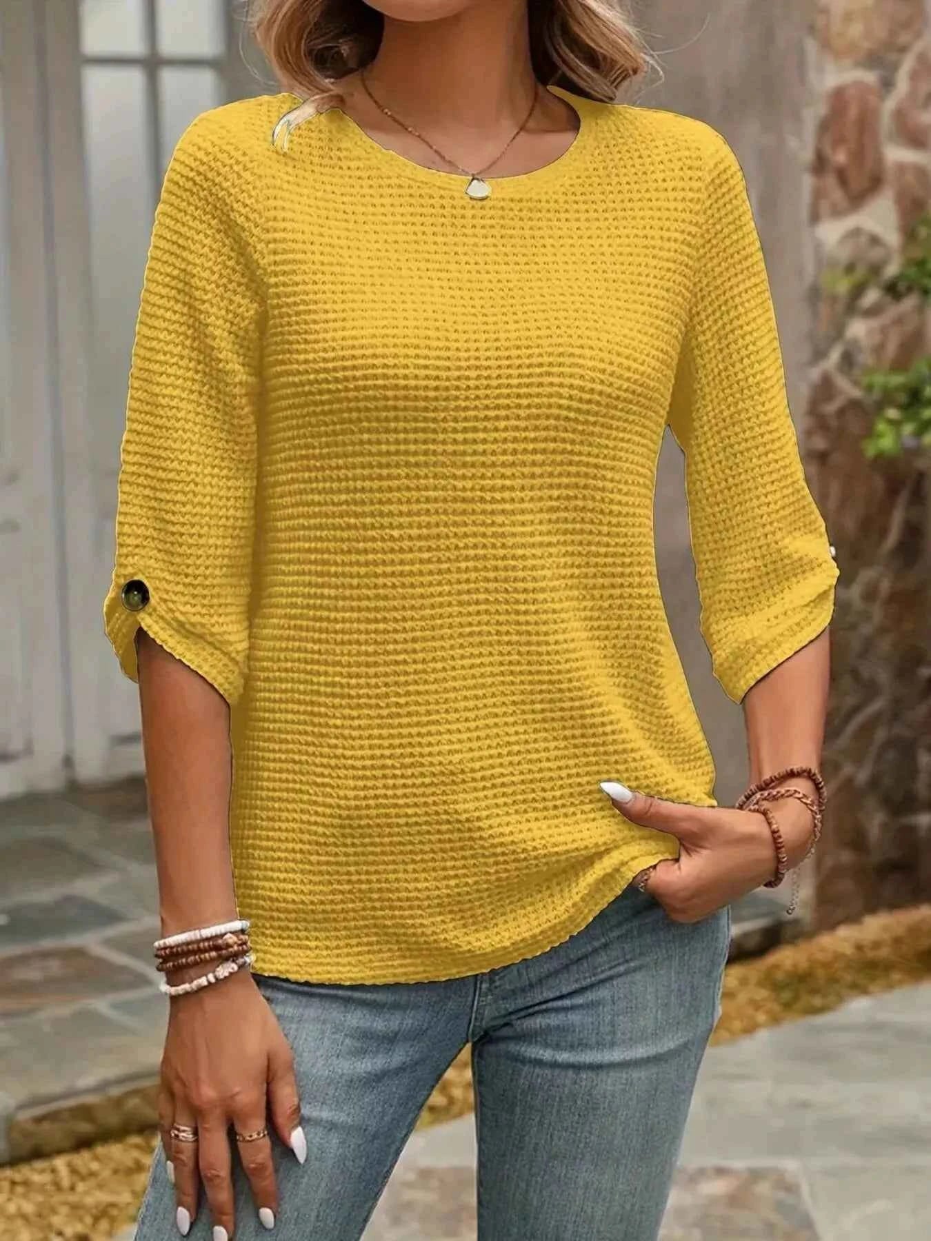 Textured Waffle Knit Three-Quarter Sleeve T-Shirt