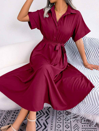 Short Sleeve Collared Dress with Tie Belt for Effortless Style