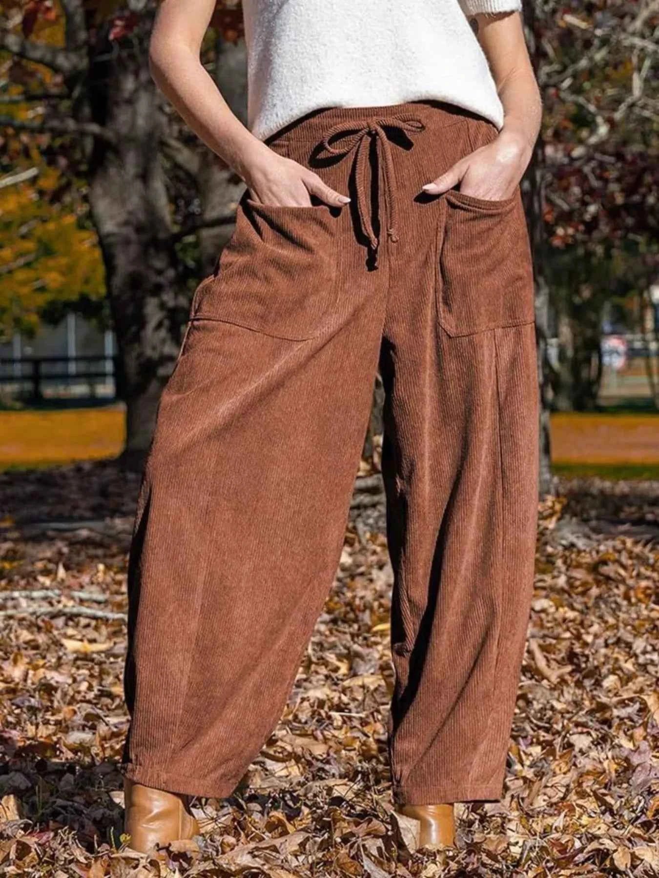 Casual Corduroy Wide Leg Pants with Pockets