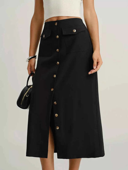 Button-Front Midi Skirt with Pockets