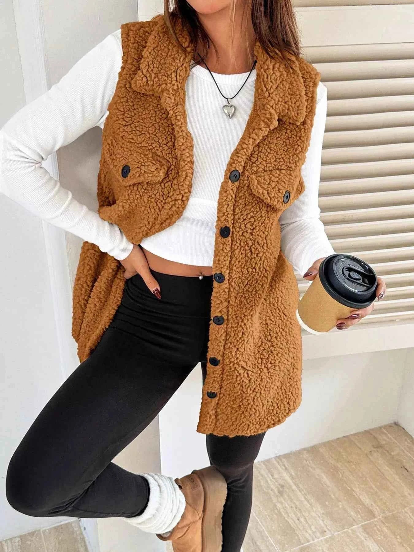 Button-Down Sherpa Fleece Vest Coat