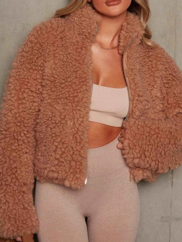 Cozy Cropped Sherpa Jacket with Zip Up Closure