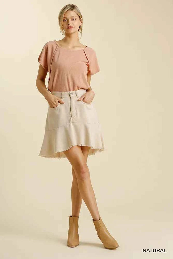 Umgee Linen Blend High Low Skirt with 5 Pockets and Frayed Hem