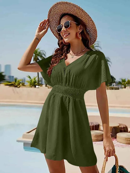 Smocked V-Neck Dress for Effortless Style with Short Sleeves