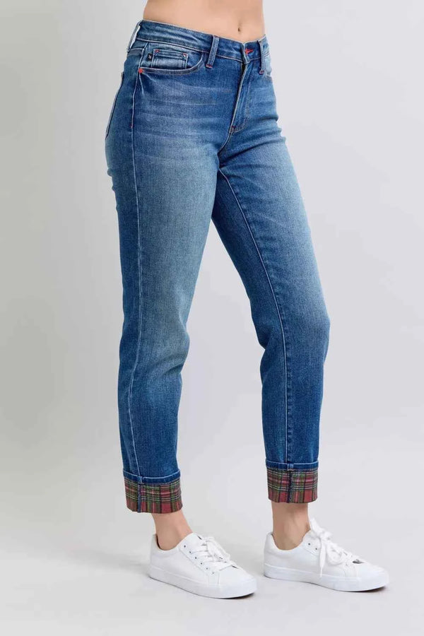 Cozy Plaid Cuff Jeans