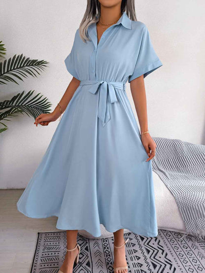 Short Sleeve Collared Dress with Tie Belt for Effortless Style