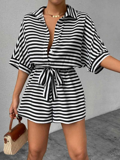 Tie Waist Half Button Striped Romper