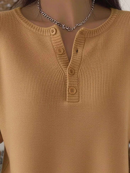 Full Size Plus Size Button Knit Top - Long Sleeve Half Button Style