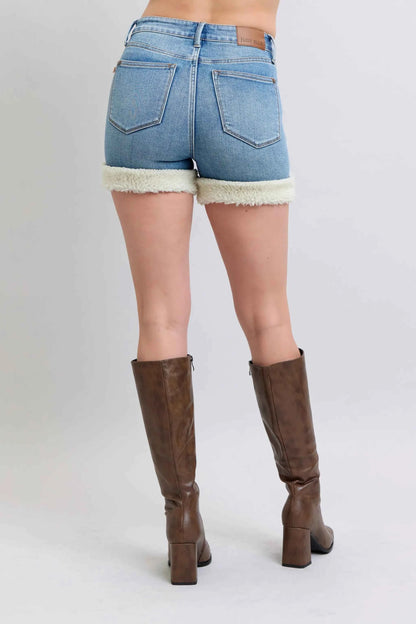Judy Blue Full Size High Waist Tummy Control Plus Size Denim Shorts with Shearling Cuff