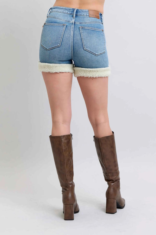 Judy Blue Full Size High Waist Tummy Control Plus Size Denim Shorts with Shearling Cuff