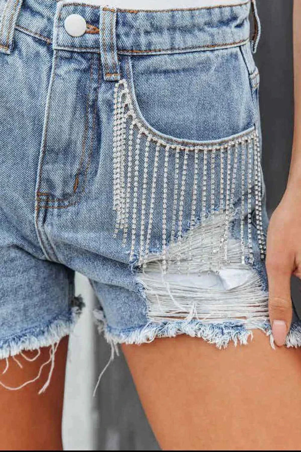 Sparkle Fringe Denim Shorts