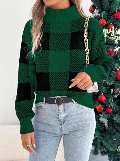 Christmas Plaid Turtleneck Sweater for Festive Comfort and Style