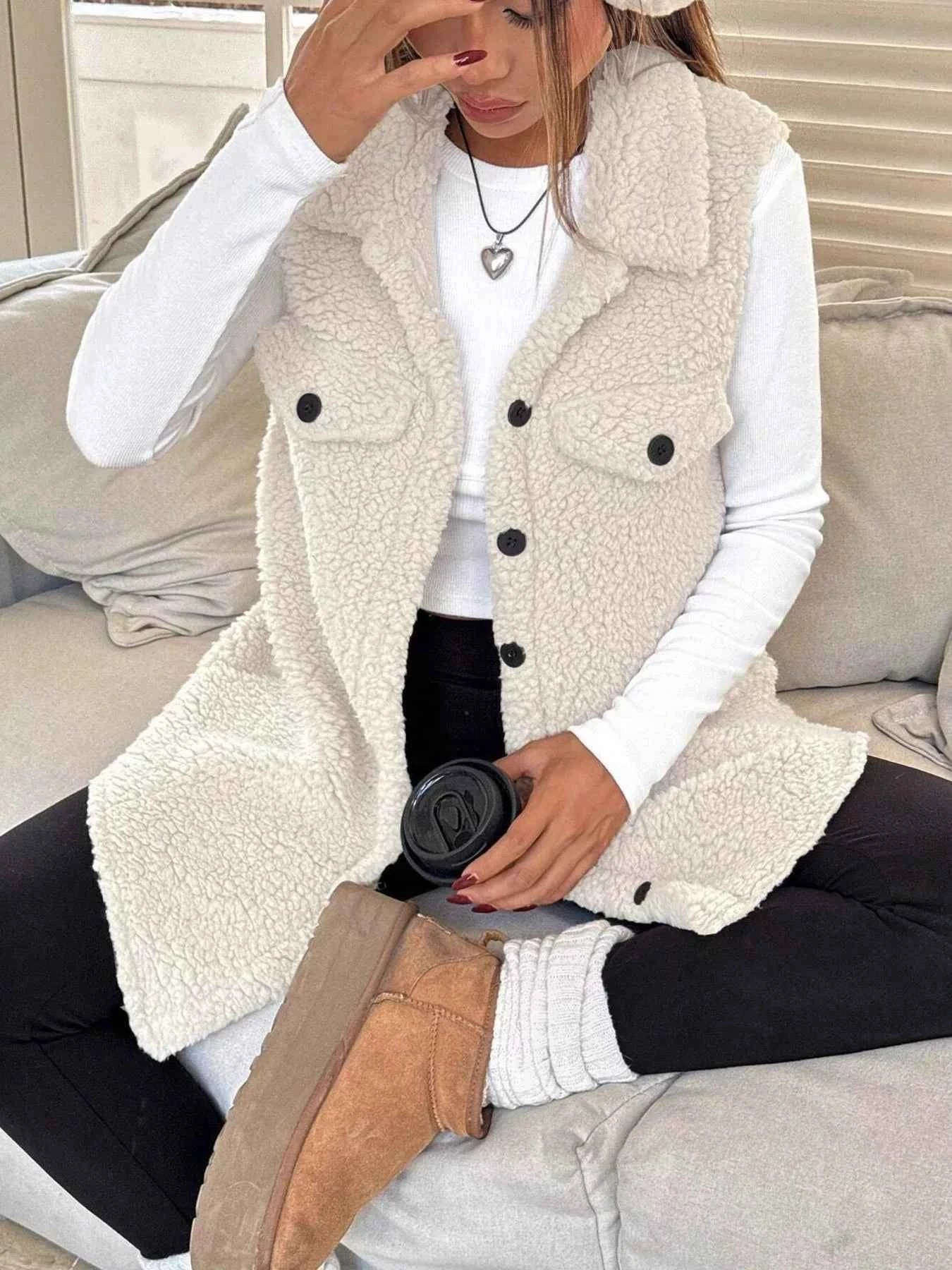 Button-Down Sherpa Fleece Vest Coat