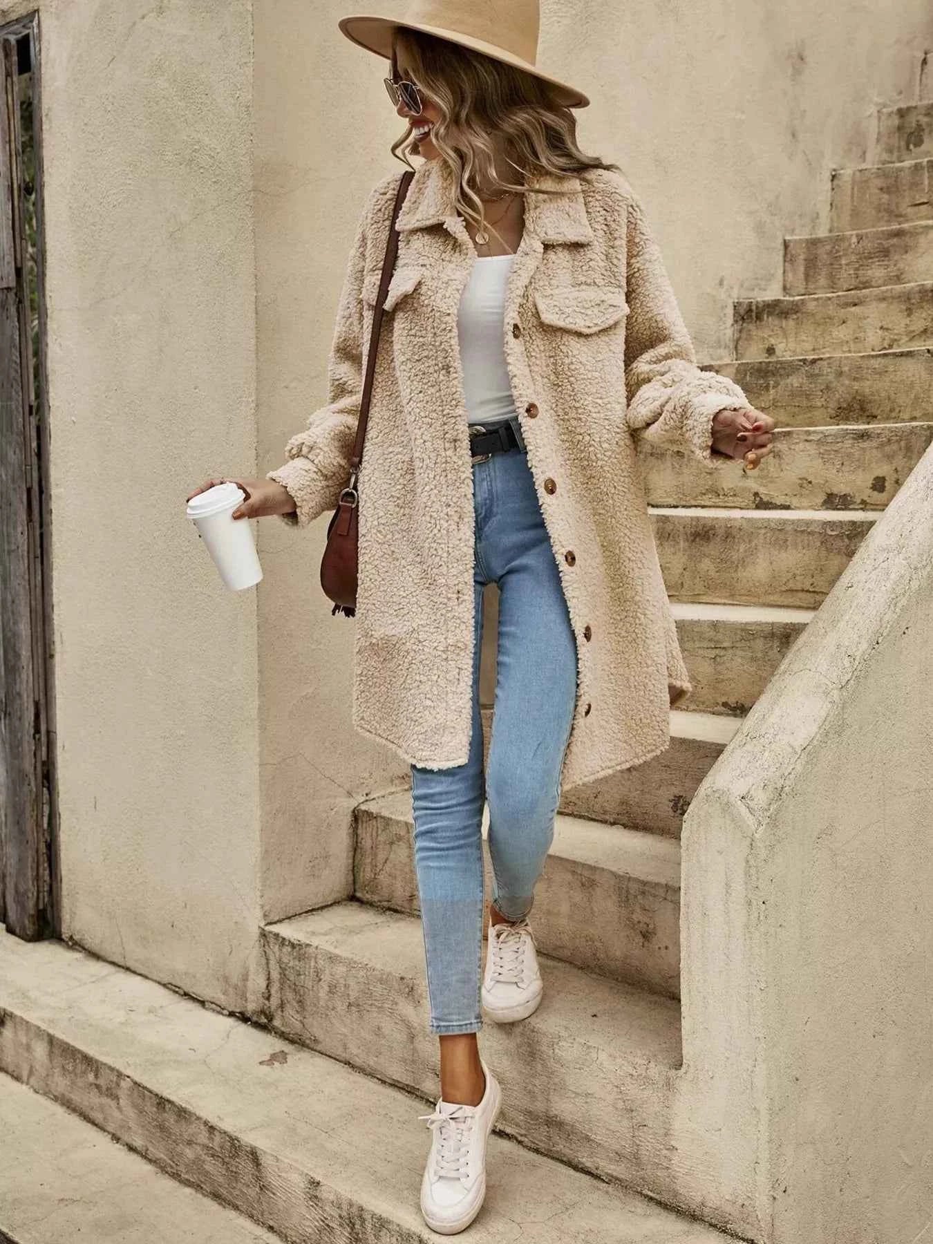 Full Size Fuzzy Fleece Longline Coat Plus Size