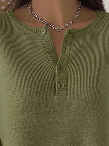 Full Size Plus Size Button Knit Top - Long Sleeve Half Button Style