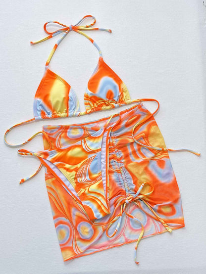 Multicolored Three-Piece Swim Set for Women - Drawstring Ruched Design