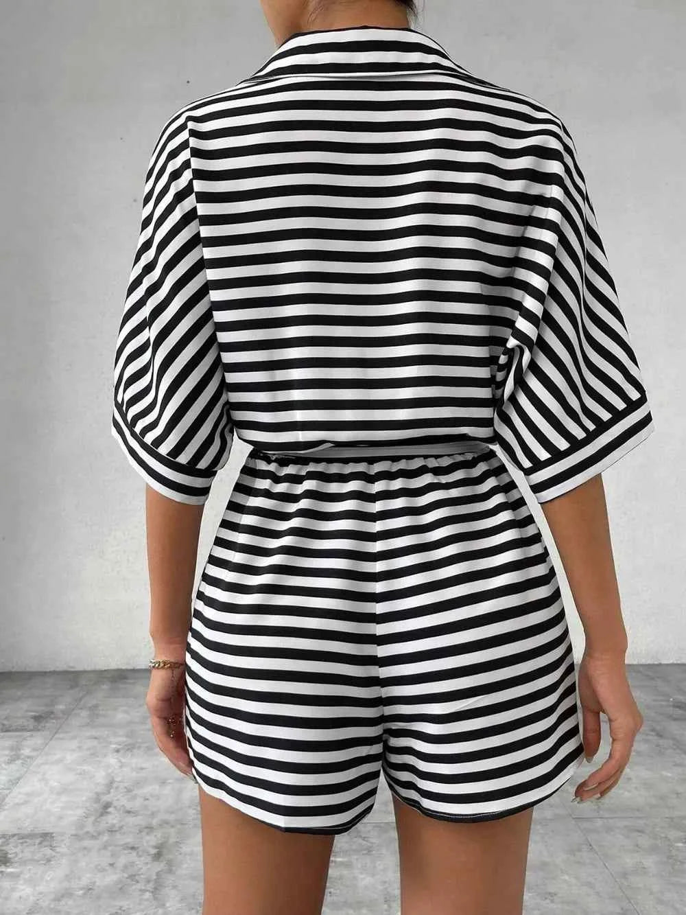 Tie Waist Half Button Striped Romper
