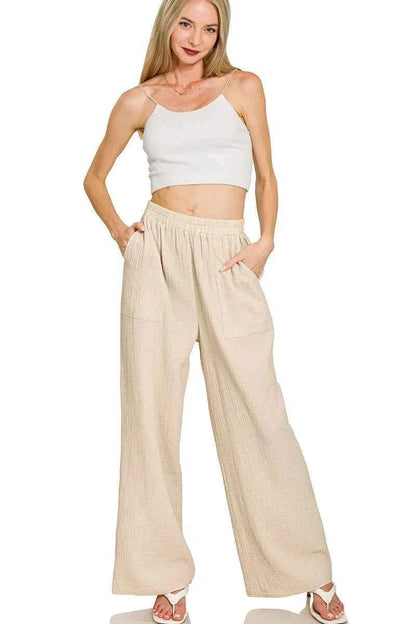 Zenana Double Gauze Elastic Band Pants
