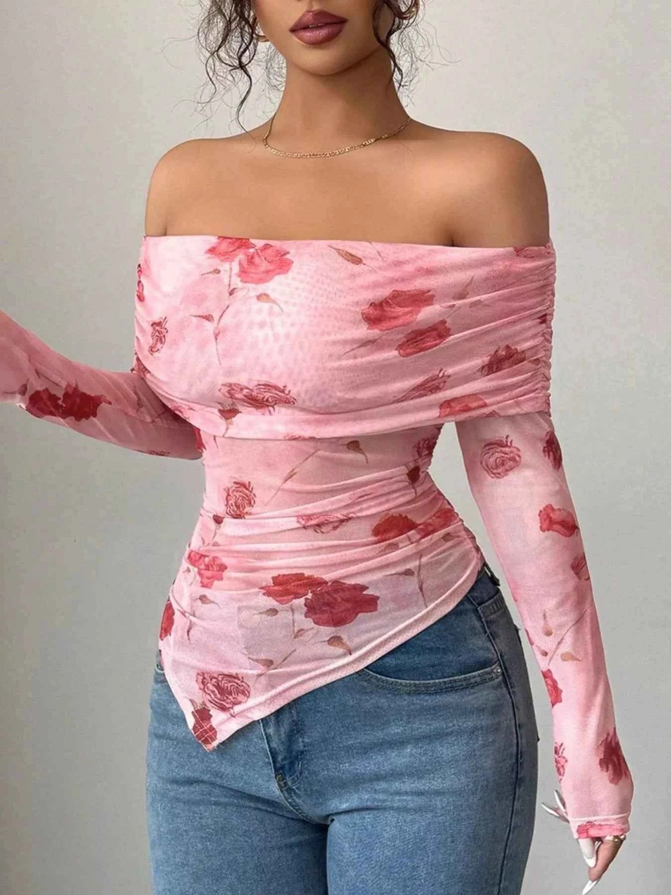 Floral Print Off-Shoulder Mesh Top