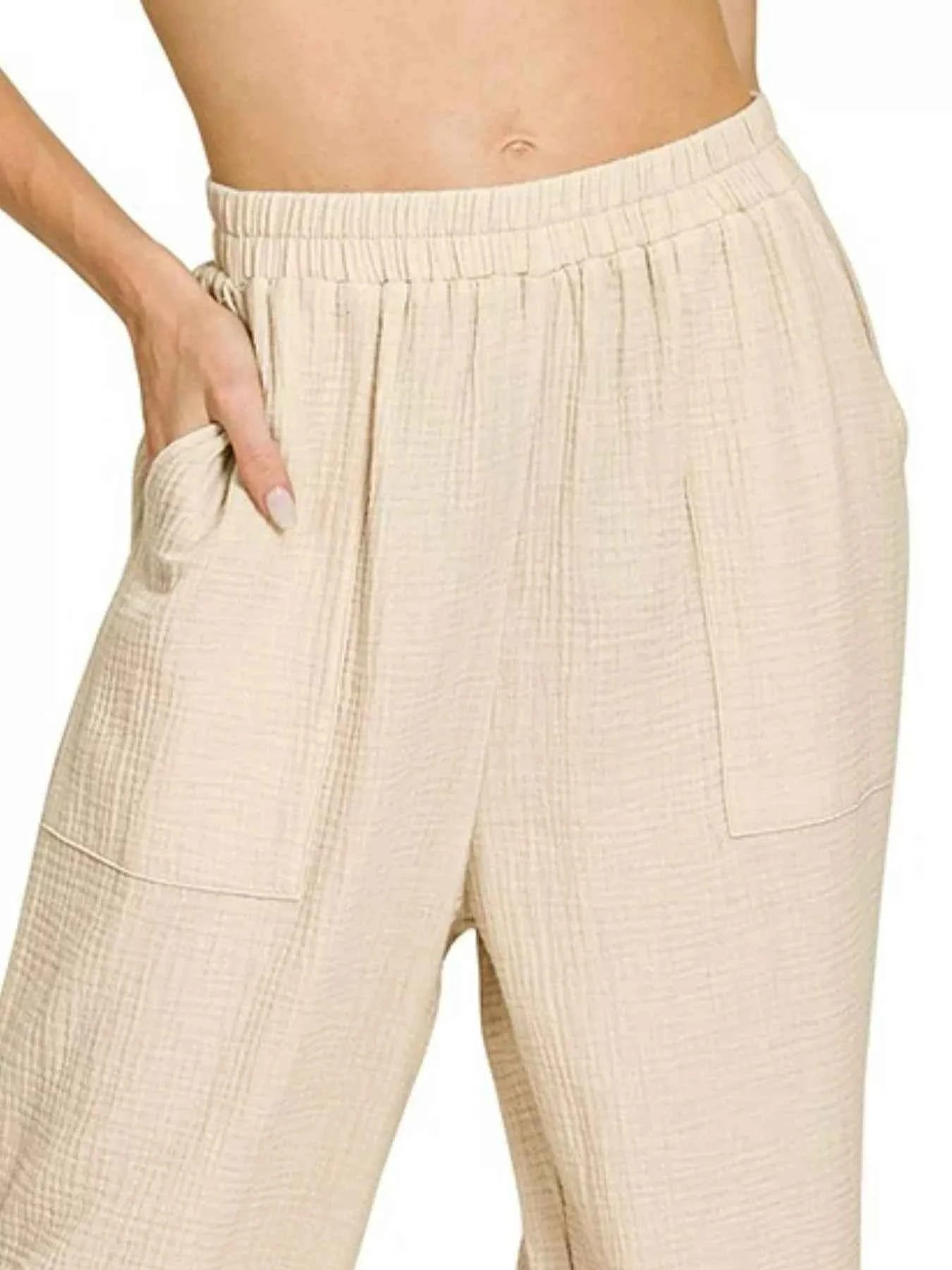 Zenana Double Gauze Elastic Band Pants