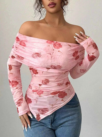Floral Print Off-Shoulder Mesh Top