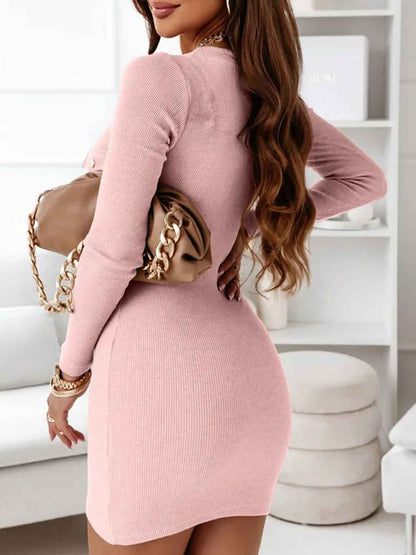 V-Neck Ribbed Dress with Long Sleeves for Effortless Style
