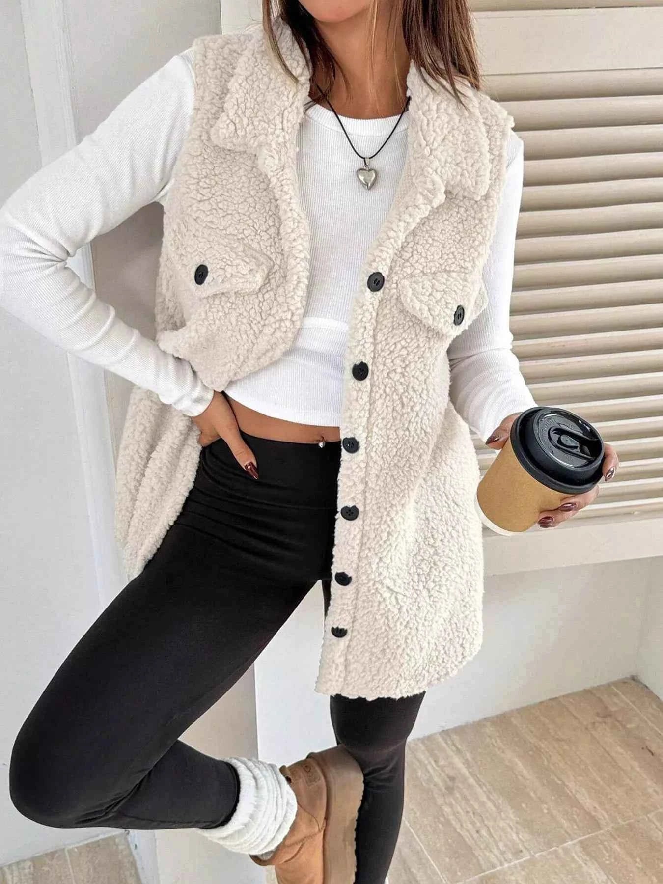 Button-Down Sherpa Fleece Vest Coat