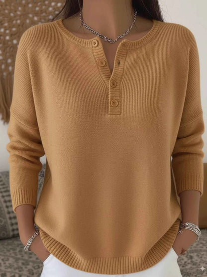Full Size Plus Size Button Knit Top - Long Sleeve Half Button Style