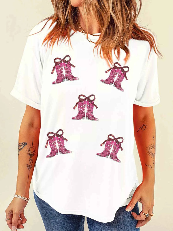 Sequined Cowgirl Boots Patched Custom Print T Shirt