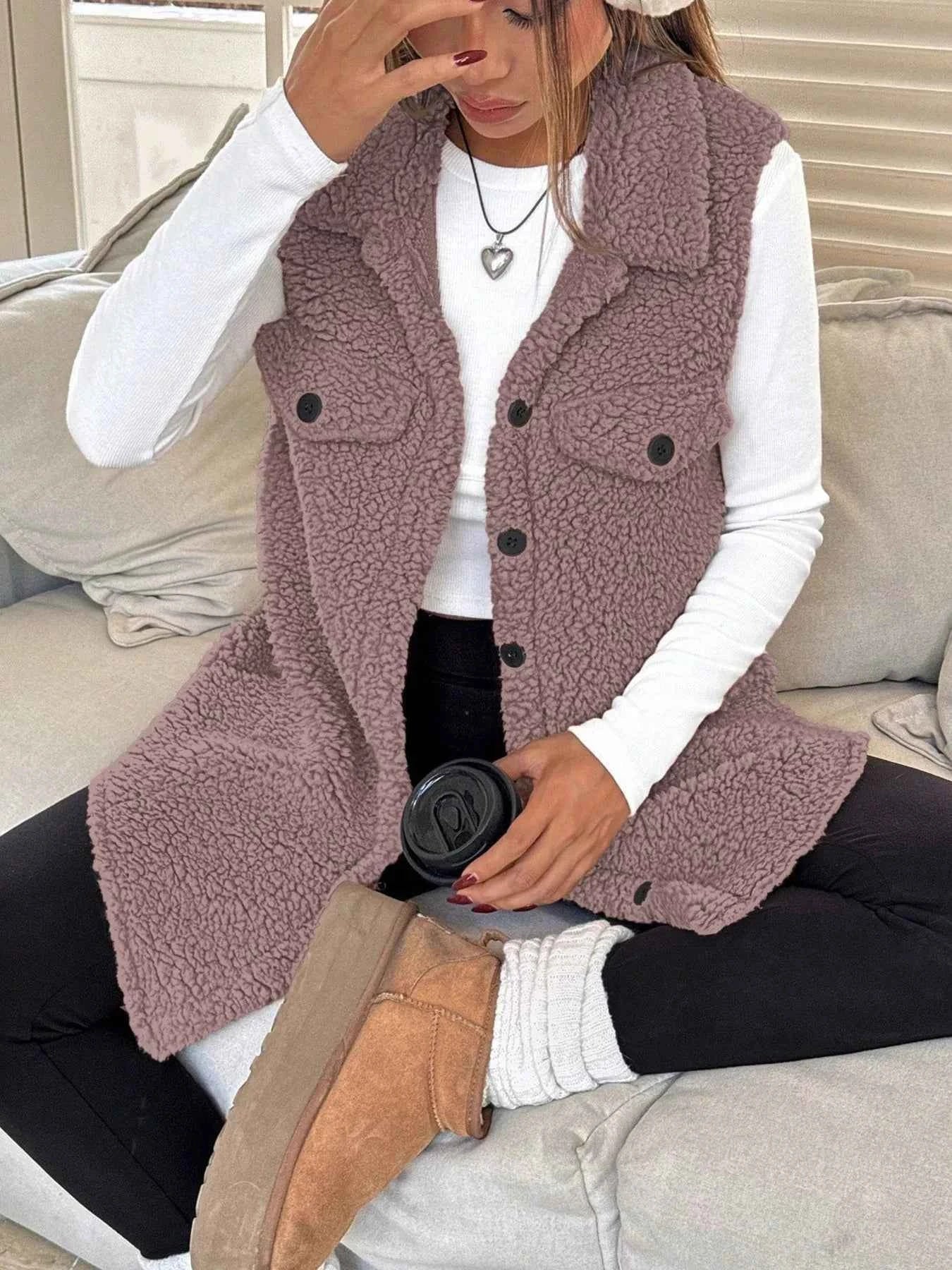 Button-Down Sherpa Fleece Vest Coat