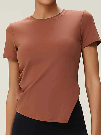 Full Size Slit Round Neck Short Sleeve Active T-Shirt Plus Size