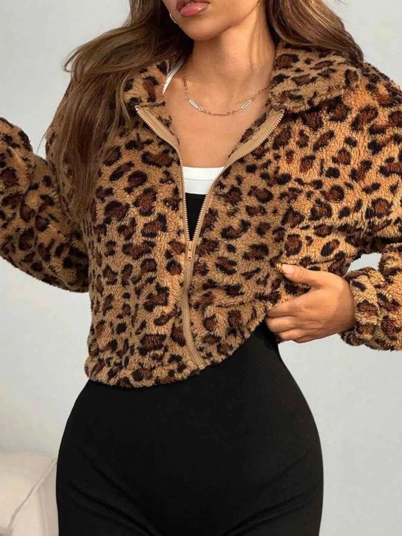 Leopard Print Fuzzy Cropped Jacket - Trendy Leopard Print Cropped Jacket for Fashion-forward Outfits