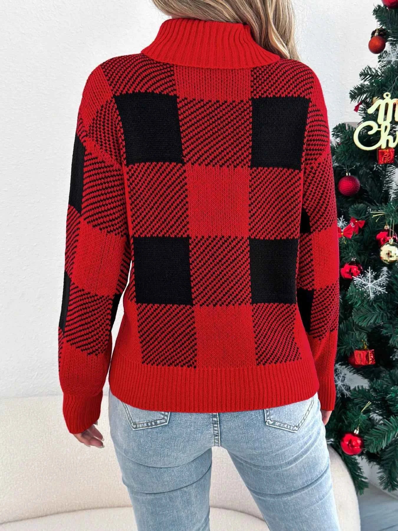 Christmas Plaid Turtleneck Sweater for Festive Comfort and Style