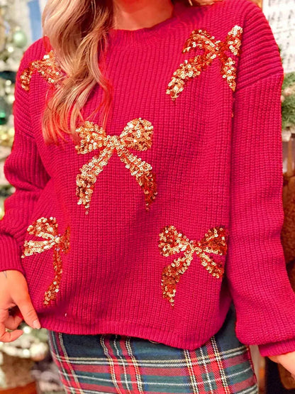 Sequin Bow Accent Sweater with Drop Shoulder Design