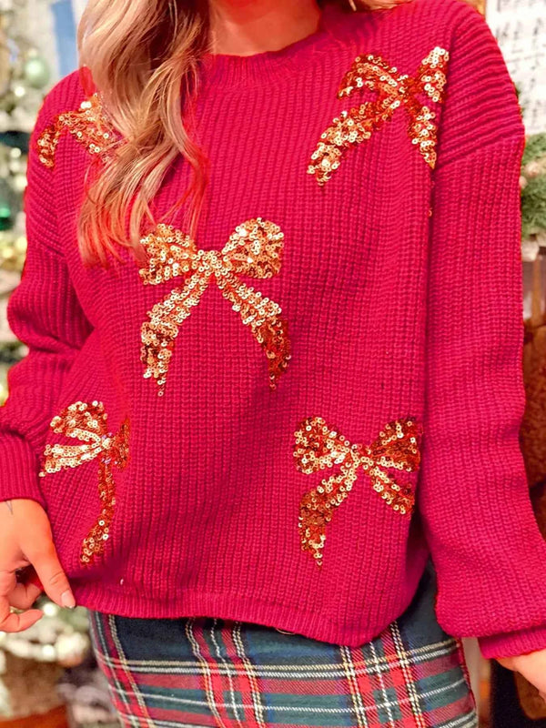 Sequin Bow Accent Sweater with Drop Shoulder Design