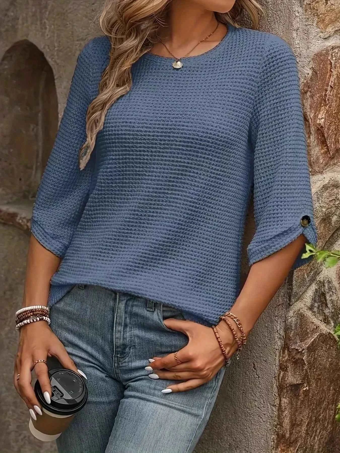 Textured Waffle Knit Three-Quarter Sleeve T-Shirt