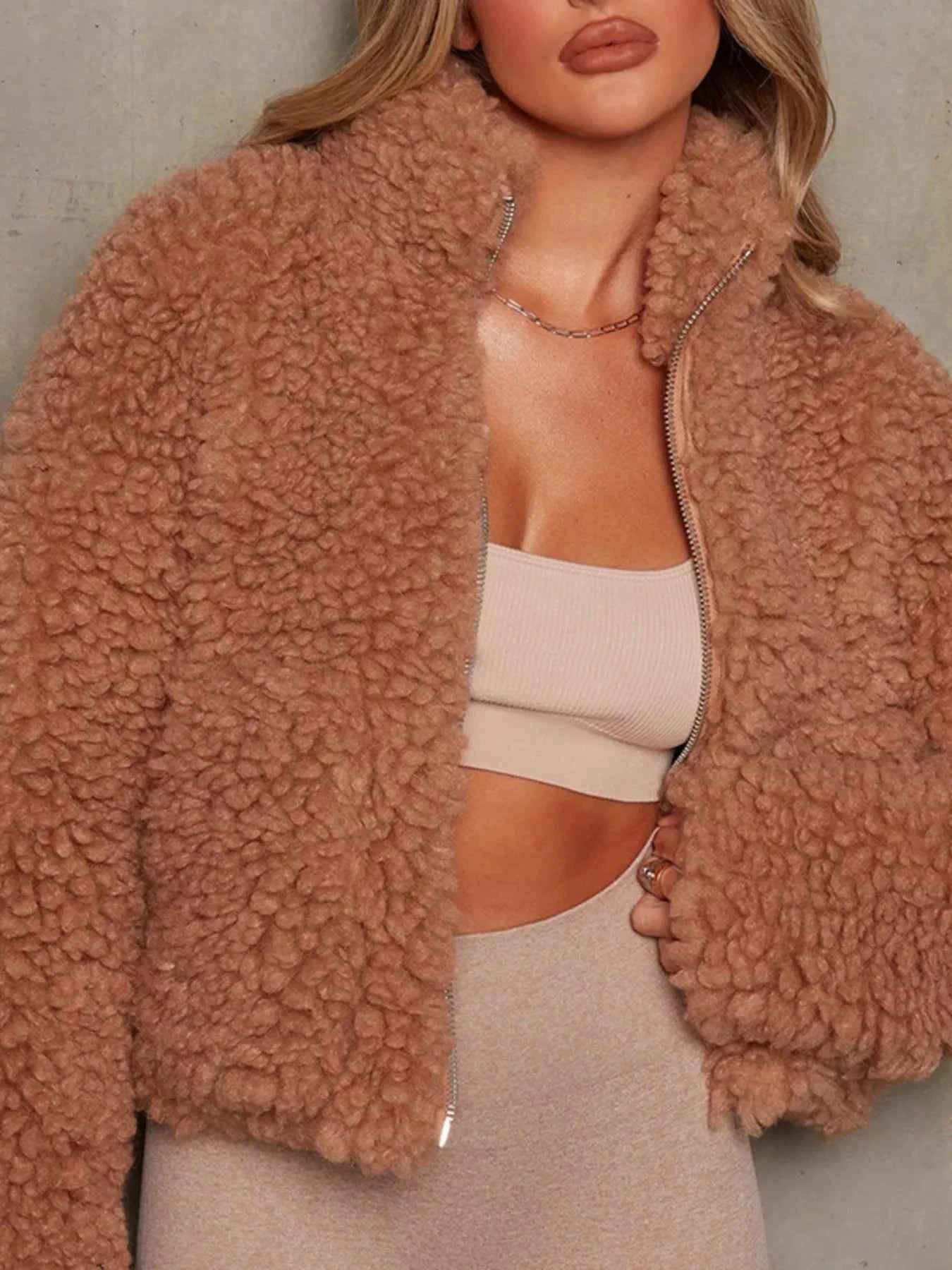 Cozy Cropped Sherpa Jacket with Zip Up Closure