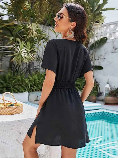 Smocked V-Neck Dress for Effortless Style with Short Sleeves
