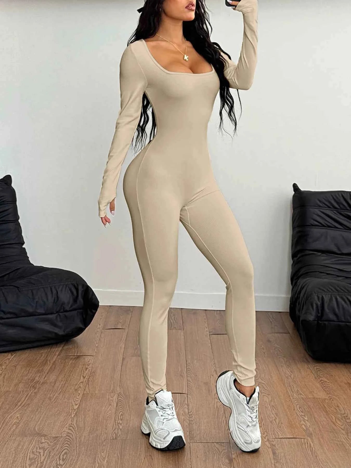 Square Neck Long Sleeve Active Jumpsuit