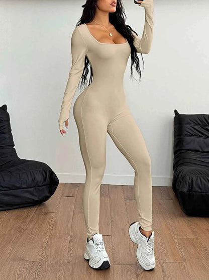 Square Neck Long Sleeve Active Jumpsuit