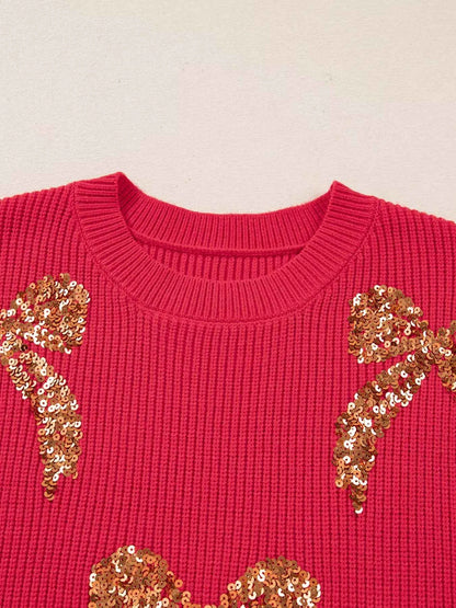 Sequin Bow Accent Sweater with Drop Shoulder Design