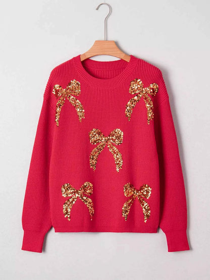 Sequin Bow Accent Sweater with Drop Shoulder Design