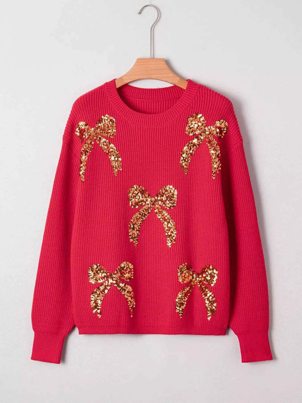 Sequin Bow Accent Sweater with Drop Shoulder Design