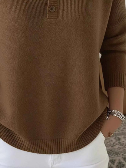 Full Size Plus Size Button Knit Top - Long Sleeve Half Button Style