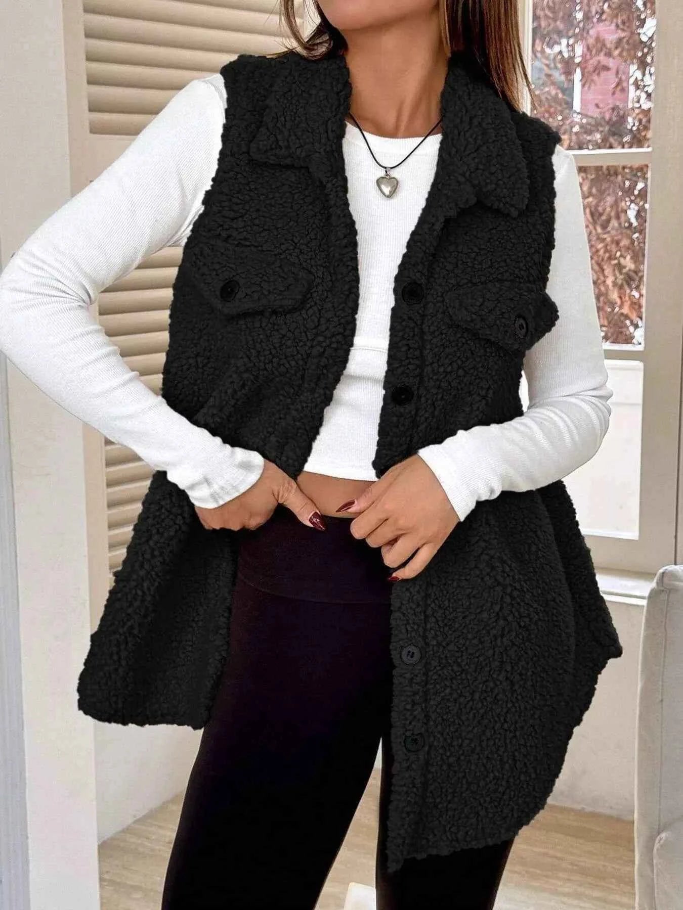 Button-Down Sherpa Fleece Vest Coat