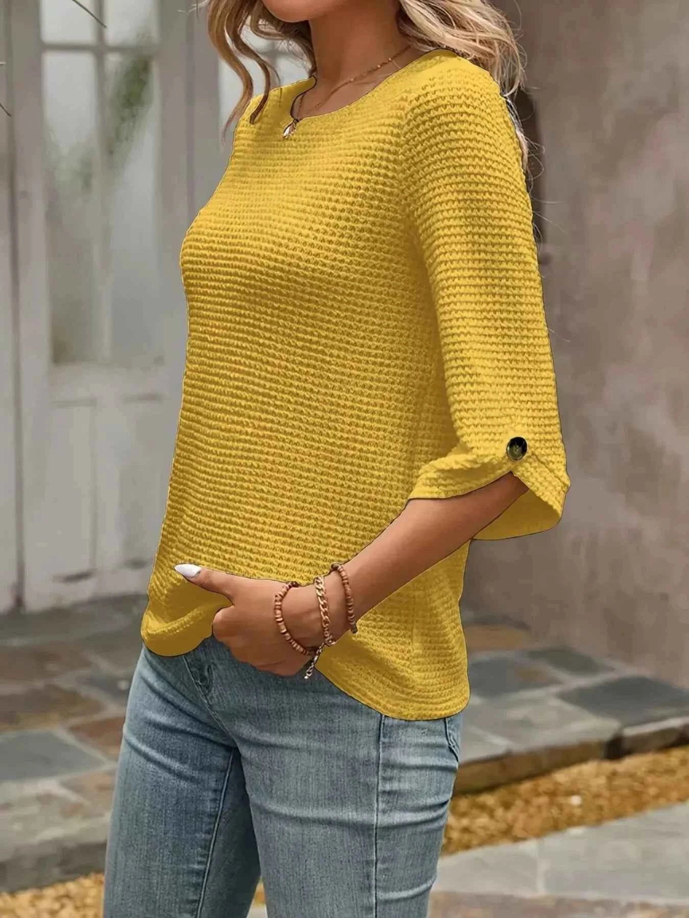 Textured Waffle Knit Three-Quarter Sleeve T-Shirt