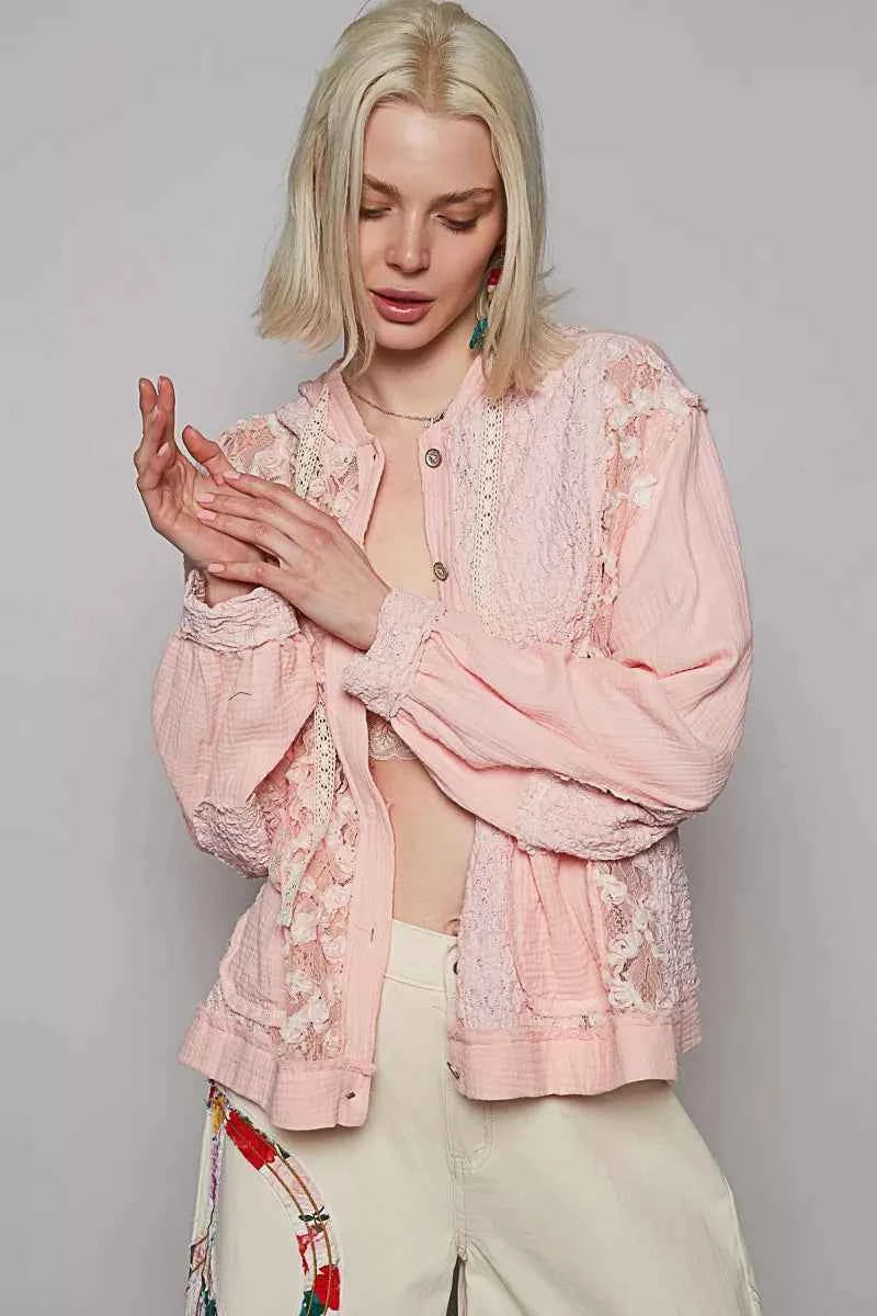 POL Exposed Seam Button Down Hooded Jacket with Lace Detail