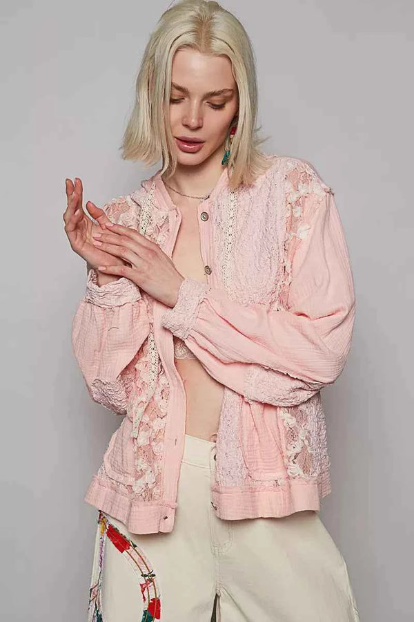 POL Exposed Seam Button Down Hooded Jacket with Lace Detail