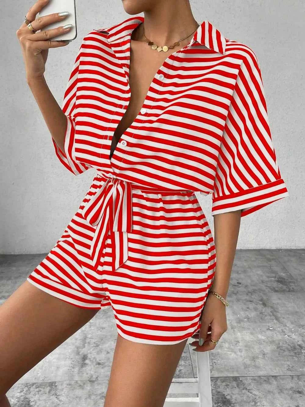 Tie Waist Half Button Striped Romper